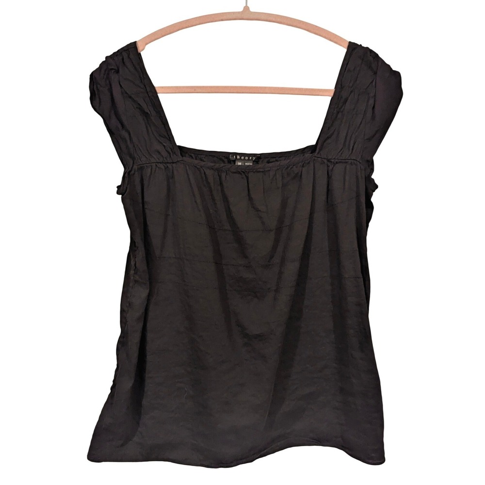 Theory Angie Black Square Neck Puff Sleeve Linen Blend Top Size M